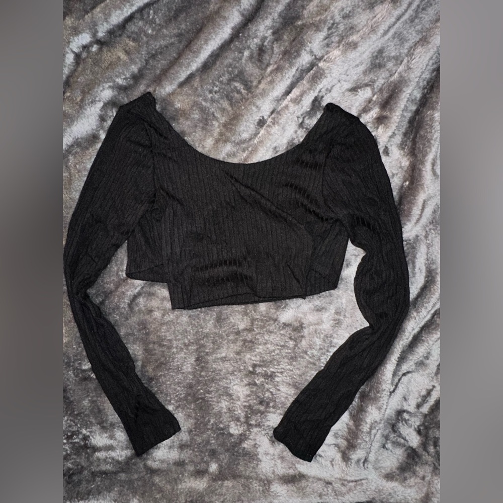 Black Ribbed Long Sleeve Crop Shirt